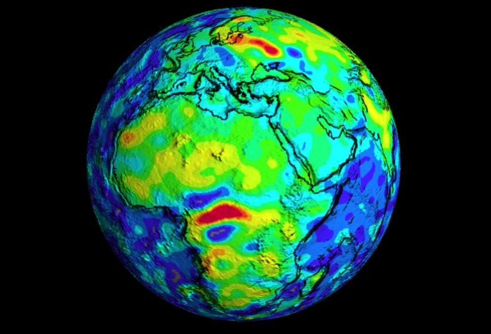 Magnetic intensity from satellite data, showing the Bangui anomaly in central Africa and the Kursk in Eurasia.